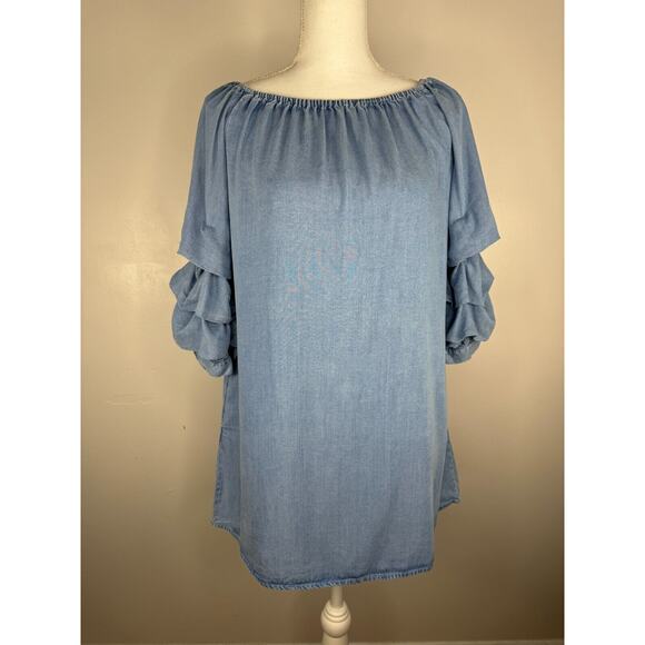 Zara Dresses & Skirts - Zara Chambray Off Shoulder Ruffle Sleeve Mini Dress Size Small